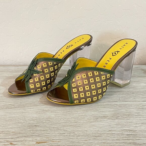 Katy Perry Sandals Heels 6 The Coolada Pineapple Clear Heels Slides Tropical - Picture 1 of 10